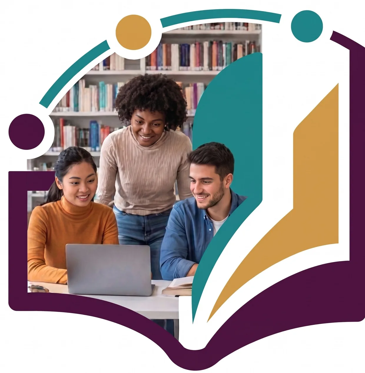 Studenten werken samen aan een laptop in de bibliotheek, omkaderd door het GEWU-boekmerk