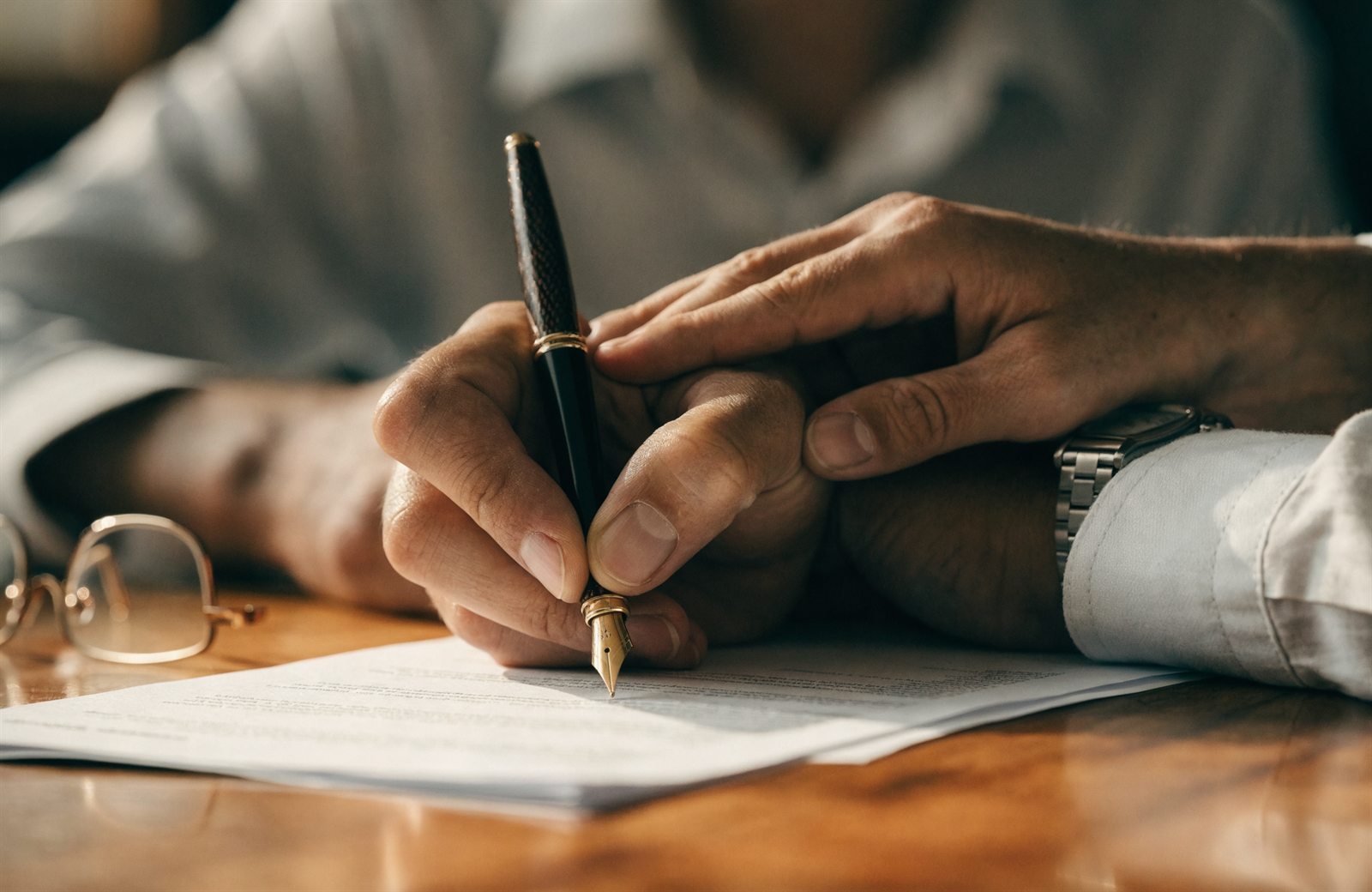 Handen ondertekenen een contract aan een bureau met documenten